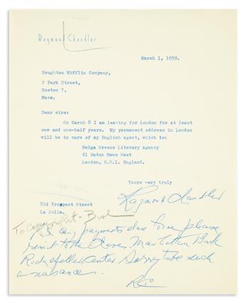 CHANDLER, RAYMOND. Two Typed Letters Signed, Ray or in full, to his publisher, Houghton Mifflin.